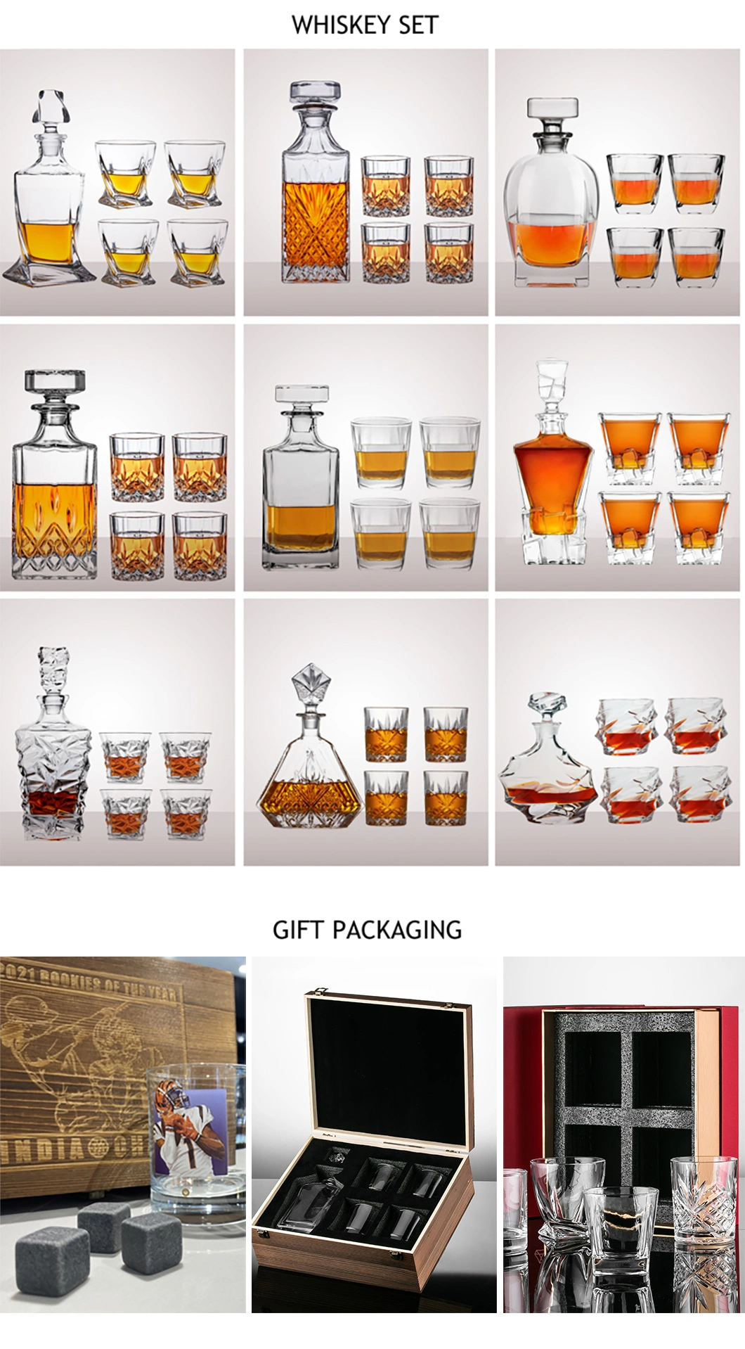 Fancy Custom Logo Crystal Clear Whiskey Glass Set with 4 Granite Chilling Stone and Coaster in Wooden Box for Gift